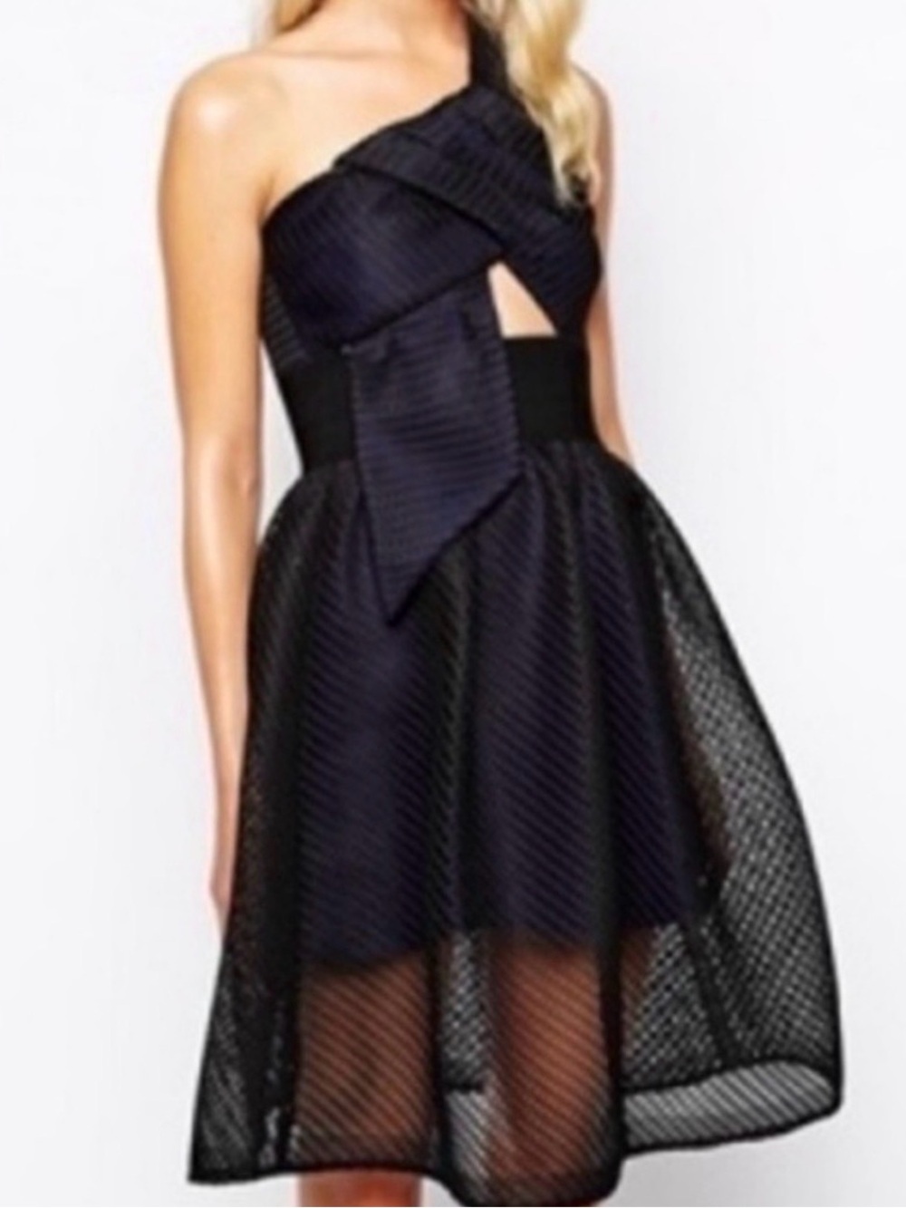 Self Portrait Black One Shoulder Mesh Overlay Wrap Mini Dess Blogger Fave